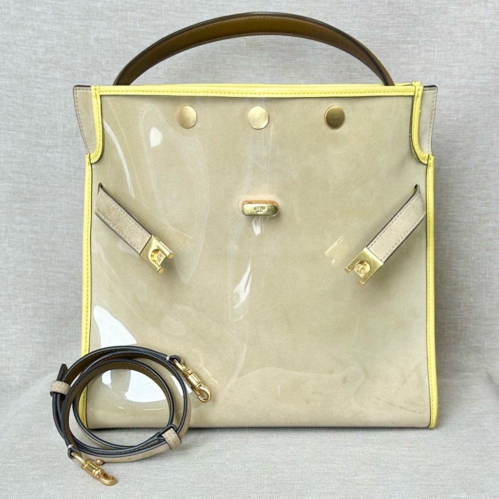 Tory Burch Large Lee Radziwill Beige and Yellow Patent Raincoat Satchel - Picture 8 of 16